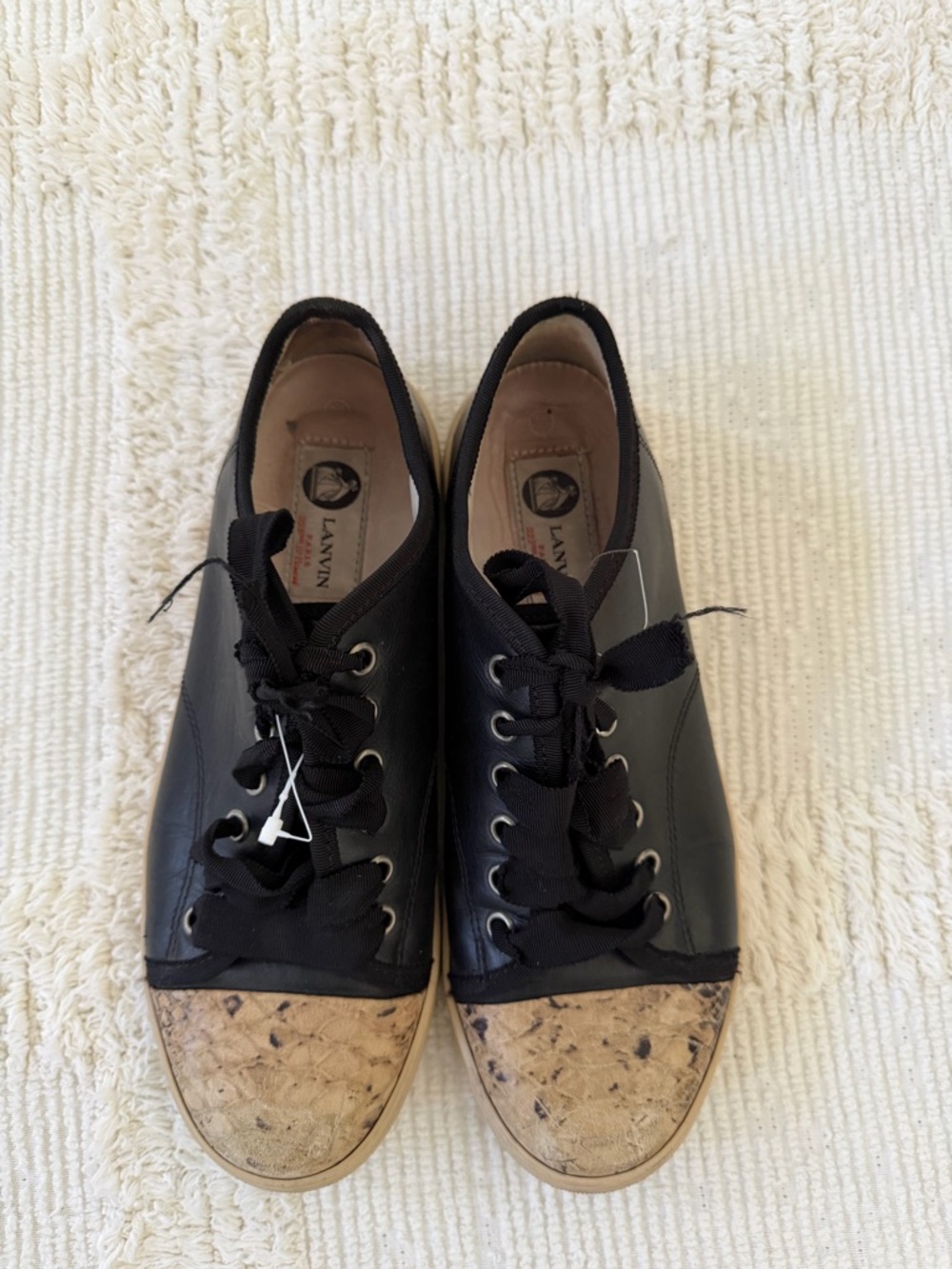 Lanvin Black Leather Lace-Up Sneakers  Toe Cap